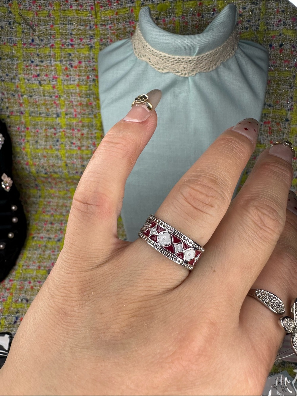 Sterling Silver Red Enamel Floral Band Ring size 5-13